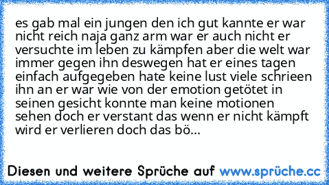 es gab mal ein jungen den ich gut kannte er war nicht reich naja ganz arm war er auch nicht er versuchte im leben zu kämpfen aber die welt war immer gegen ihn deswegen hat er eines tagen einfach aufgegeben hate keine lust viele schrieen ihn an er war wie von der emotion getötet in seinen gesicht konnte man keine motionen sehen doch er verstant das wenn er nicht kämpft wird er verlieren doch das...