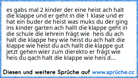 es gabs mal 2 kinder der eine heist ach halt die klappe und er geht in die 1 klase und er hat ein buder de heist was muks du der ging ins kinder garten ach hallt die klappe geht in die schule die lehrein frägt wie  heis du ach halt die klappe hey wie heist du ach halt die klappe wie heist du ach hallt die klappe gut jetzt gehen wier zum dierekto er frägt wie heis du qach halt die klappe wie heis d...