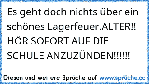 Es geht doch nichts über ein schönes Lagerfeuer.
ALTER!! HÖR SOFORT AUF DIE SCHULE ANZUZÜNDEN!!!!!!