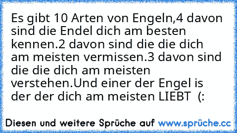 Es gibt 10 Arten von Engeln,
4 davon sind die Endel dich am besten kennen.
2 davon sind die die dich am meisten vermissen.
3 davon sind die die dich am meisten verstehen.
Und einer der Engel is der der dich am meisten LIEBT ♥ (: