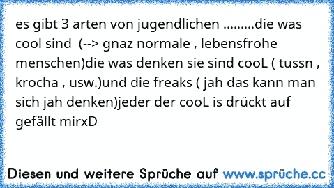 es gibt 3 arten von jugendlichen .........
die was cool sind  (--> gnaz normale , lebensfrohe menschen)
die was denken sie sind cooL ( tussn , krocha , usw.)
und die freaks ( jah das kann man sich jah denken)
jeder der cooL is drückt auf gefällt mir
xD