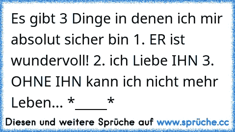 Es gibt 3 Dinge in denen ich mir absolut sicher bin 1. ER ist wundervoll! 2. ich Liebe IHN 3. OHNE IHN kann ich nicht mehr Leben... *_____* 