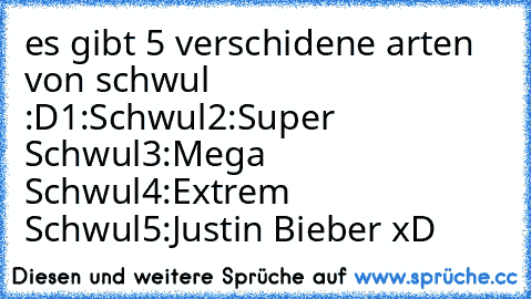 es gibt 5 verschidene arten von﻿ schwul :D
1:Schwul
2:Super Schwul
3:Mega Schwul
4:Extrem Schwul
5:Justin Bieber xD