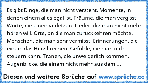 Es gibt Dinge, die man nicht versteht. Momente, in denen einem alles egal ist. Träume, die man vergisst. Worte, die einen verletzen. Lieder, die man nicht mehr hören will. Orte, an die man zurückkehren möchte. Menschen, die man sehr vermisst. Erinnerungen, die einem das Herz brechen. Gefühle, die man nicht steuern kann. Tränen, die unweigerlich kommen. Augenblicke, die einem nicht mehr aus dem ...