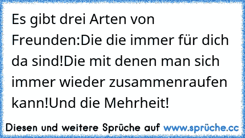 Es gibt drei Arten von Freunden:
Die die immer für dich da sind!
Die mit denen man sich immer wieder zusammenraufen kann!
Und die Mehrheit!