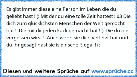 Es gibt immer diese eine Person im Leben die du geliebt hast ! (: Mit der du eine tolle Zeit hattest ! x3 Die dich zum glücklichsten Menschen der Welt gemacht hat ! ♥ Die mit dir jeden kack gemacht hat ! (: Die du nie vergessen wirst ! ♥ Auch wenn sie dich verletzt hat und du ihr gesagt hast sie is dir scheiß egal ! (; ♥