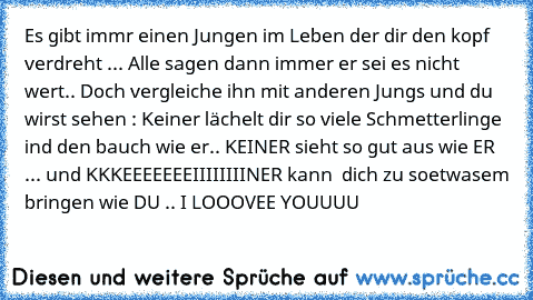 Es gibt immr einen Jungen im Leben der dir den kopf verdreht ... Alle sagen dann immer er sei es nicht wert.. Doch vergleiche ihn mit anderen Jungs und du wirst sehen : Keiner lächelt dir so viele Schmetterlinge ind den bauch wie er.. KEINER sieht so gut aus wie ER ... und KKKEEEEEEEIIIIIIIINER kann  dich zu soetwasem bringen wie DU .. ♥
I LOOOVEE YOUUUU ♥