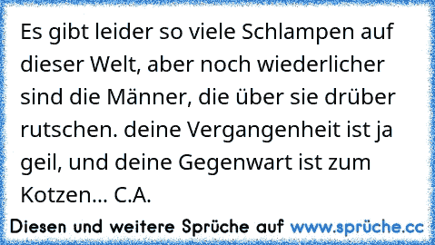 Es gibt leider so viele Schlampen auf dieser Welt, aber noch wiederlicher sind die Männer, die über sie drüber rutschen. deine Vergangenheit ist ja geil, und deine Gegenwart ist zum Kotzen... C.A.