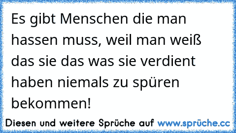 Es gibt Menschen die man hassen muss, weil man weiß das sie das was sie verdient haben niemals zu spüren bekommen!