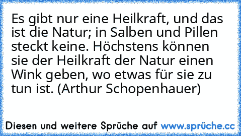 Es gibt nur eine Heilkraft, und das ist die Natur; in Salben und Pillen steckt keine. Höchstens können sie der Heilkraft der Natur einen Wink geben, wo etwas für sie zu tun ist. (Arthur Schopenhauer)