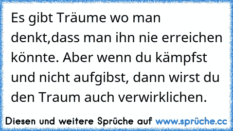 Es gibt Träume wo man denkt,dass man ihn nie erreichen könnte. Aber wenn du kämpfst und nicht aufgibst, dann wirst du den Traum auch verwirklichen.