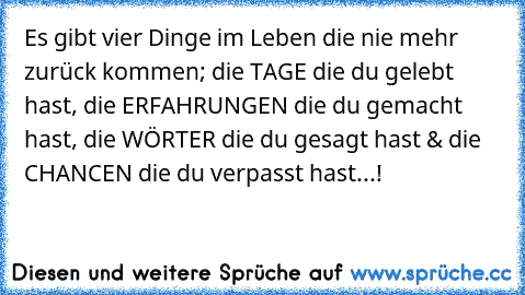 Es gibt vier Dinge im Leben die nie mehr zurück kommen; die TAGE die du gelebt hast, die ERFAHRUNGEN die du gemacht hast, die WÖRTER die du gesagt hast & die CHANCEN die du verpasst hast...!