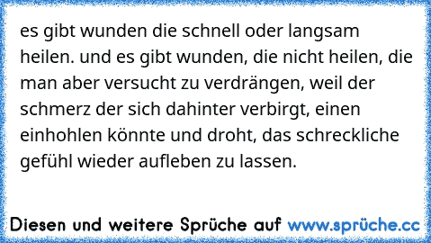 es gibt wunden die schnell oder langsam heilen. und es gibt wunden, die nicht heilen, die man aber versucht zu verdrängen, weil der schmerz der sich dahinter verbirgt, einen einhohlen könnte und droht, das schreckliche gefühl wieder aufleben zu lassen.