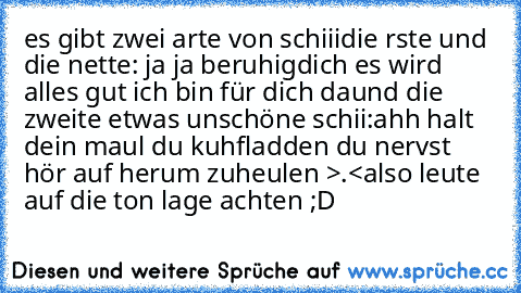 es gibt zwei arte von schiii
die rste und die nette: ja ja beruhigdich es wird alles gut ich bin für dich da♥♥♥
und die zweite etwas unschöne schii:ahh halt dein maul du kuhfladden du nervst hör auf herum zuheulen >.<
also leute auf die ton lage achten ;D