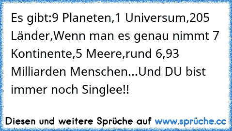 Es gibt:
9 Planeten,
1 Universum,
205 Länder,
Wenn man es genau nimmt 7 Kontinente,
5 Meere,
rund 6,93 Milliarden Menschen...
Und DU bist immer noch Singlee!!