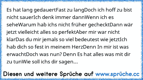 Es hat lang gedauert…Fast zu lang…Doch ich hoff zu bist nicht sauer…Ich denk immer dann…Wenn ich es sehe…Warum hab ich’s nicht früher gecheckt…Dann wär jetzt vielleicht alles so perfekt…Aber mir war nicht klar…Das du mir jemals so viel bedeutest wie jetzt…Ich hab dich so fest in meinem Herz…Denn In mir ist was erwacht……Doch was nun? …Denn Es hat alles was mit dir zu tun…Wie soll ich’s dir sagen...