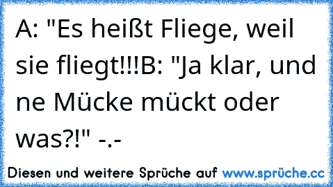 A: "Es heißt Fliege, weil sie fliegt!!!
B: "Ja klar, und ne Mücke mückt oder was?!" -.-