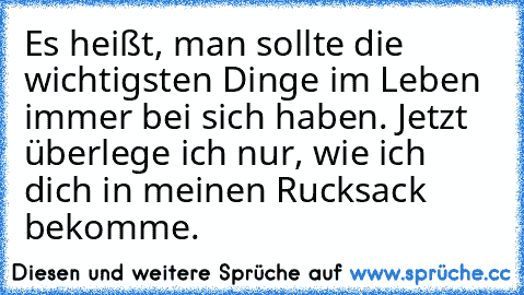 Es heißt, man sollte die wichtigsten Dinge im Leben immer bei sich haben. Jetzt überlege ich nur, wie ich dich in meinen Rucksack bekomme.