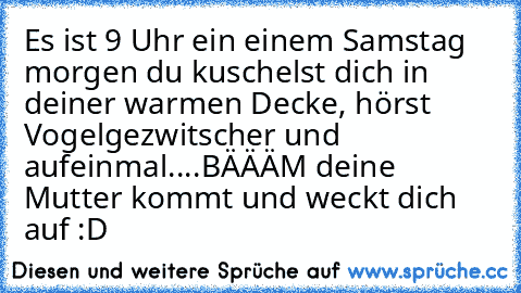 Es ist 9 Uhr ein einem Samstag morgen du kuschelst dich in deiner warmen Decke, hörst Vogelgezwitscher und aufeinmal....BÄÄÄM deine Mutter kommt und weckt dich auf :D