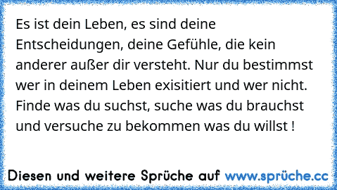 Es ist dein Leben, es sind deine Entscheidungen, deine Gefühle, die kein anderer außer dir versteht. Nur du bestimmst wer in deinem Leben exisitiert und wer nicht. Finde was du suchst, suche was du brauchst und versuche zu bekommen was du willst ♥´!