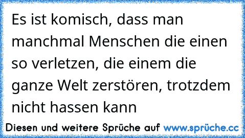 Es ist komisch, dass man manchmal Menschen die einen so verletzen, die einem die ganze Welt zerstören, trotzdem nicht hassen kann