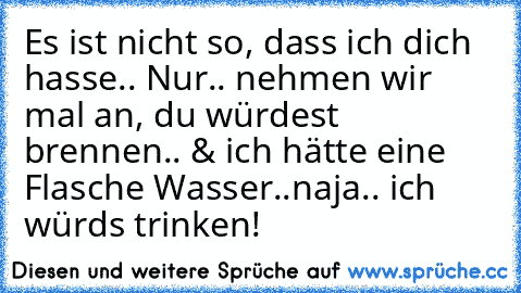 Es ist nicht so, dass ich dich hasse.. Nur.. nehmen wir mal an, du würdest brennen.. & ich hätte eine Flasche Wasser..naja.. ich würds trinken!