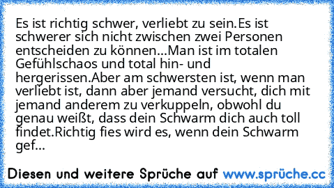 Es ist richtig schwer, verliebt zu sein.
Es ist schwerer sich nicht zwischen zwei Personen entscheiden zu können...
Man ist im totalen Gefühlschaos und total hin- und hergerissen.
Aber am schwersten ist, wenn man verliebt ist, dann aber jemand versucht, dich mit jemand anderem zu verkuppeln, obwohl du genau weißt, dass dein Schwarm dich auch toll findet.
Richtig fies wird es, wenn dein Schwarm ...