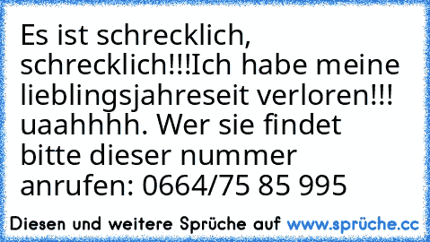 Es ist schrecklich, schrecklich!!!
Ich habe meine lieblingsjahreseit verloren!!! uaahhhh. Wer sie findet bitte dieser nummer anrufen: 0664/75 85 995