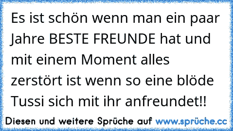 Es ist schön wenn man ein paar Jahre BESTE FREUNDE hat und mit einem Moment alles zerstört ist wenn so eine blöde Tussi sich mit ihr anfreundet!!