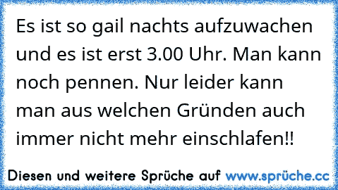 Es ist so gail nachts aufzuwachen und es ist erst 3.00 Uhr. Man kann noch pennen. Nur leider kann man aus welchen Gründen auch immer nicht mehr einschlafen!!