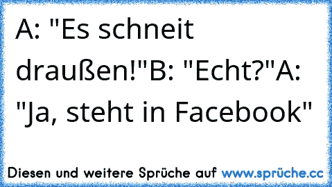 A: "Es schneit draußen!"
B: "Echt?"
A: "Ja, steht in Facebook"