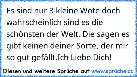 Es sind nur 3 kleine Wote doch wahrscheinlich sind es die schönsten der Welt. Die sagen es gibt keinen deiner Sorte, der mir so gut gefällt.
Ich Liebe Dich! ♥