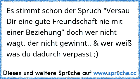 Es stimmt schon der Spruch "Versau Dir eine gute Freundschaft nie mit einer Beziehung" doch wer nicht wagt, der nicht gewinnt.. & wer weiß was du dadurch verpasst ;)