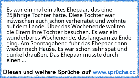 Es war ein mal ein altes Ehepaar, das eine 25jährige Tochter hatte. Diese Tochter war inzwischen auch schon verheiratet und wohnte auf dem Lande. Über das Wochenende wollten die Eltern ihre Tochter besuchen. Es war ein wunderbares Wochenende, das langsam zu Ende ging. Am Sonntagabend fuhr das Ehepaar dann wieder nach Hause. Es war schon sehr spät und dunkel draußen. Das Ehepaar musste durch ein...