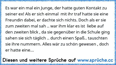 Es war ein mal ein Junge, der hatte guten Kontakt zu seiner ex! Als er sich einmal  mit ihr traf hatte sie eine Freundin dabei, er dachte sich nichts. Doch als er sie zum zweiten mal sah .. war ihm klar es ist  liebe auf den zweiten blick , da sie gegenüber in die Schule ging sahen sie sich täglich .. durch einen Spaß.. tauschten sie ihre nummern. Alles wär zu schön gewesen , doch er hatte eine...