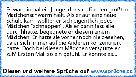 Es war einmal ein Junge, der sich für den größten Mädchenschwarm hielt. Als er auf eine neue Schule kam, wollter er sich eigentlich jedes Mädchen "schnappen". Als er dann fast alle durchhhatte, begegnete er diesem einem Mädchen. Er hatte sie vorher noch nie gesehen, da er sich immer auf die Anderen konzentriert hatte. Doch bei diesem Mädchen verspürte er zuM Ersten Mal, so ein gefühl. Er konnte...