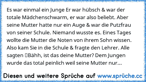 Es war einmal ein Junge… Er war hübsch & war der totale Mädchenschwarm, er war also beliebt. Aber seine Mutter hatte nur ein Auge & war die Putzfrau von seiner Schule. Niemand wusste es. Eines Tages wollte die Mutter die Noten von ihrem Sohn wissen. Also kam Sie in die Schule & fragte den Lehrer. Alle sagten “Bähh, ist das deine Mutter?” Dem Jungen wurde das total peinlich weil seine Mutter nur...