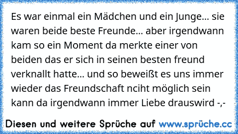 Es war einmal ein Mädchen und ein Junge... sie waren beide beste Freunde... aber irgendwann kam so ein Moment da merkte einer von beiden das er sich in seinen besten freund verknallt hatte... und so beweißt es uns immer wieder das Freundschaft nciht möglich sein kann da irgendwann immer Liebe drauswird -,-