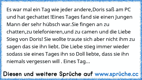 Es war mal ein Tag wie jeder andere,Doris saß am PC und hat gechattet !Eines Tages fand sie einen Jungen Mann der sehr hübsch war.Sie fingen an zu chatten,zu telefonieren,und zu camen und die Liebe Stieg von Doris! Sie wollte traute sich aber nicht ihm zu sagen das sie ihn liebt. Die Liebe stieg immer wieder sodass sie eines Tages ihn so Doll liebte, dass sie ihn niemals vergessen will . Eines ...