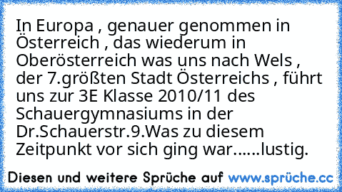 In Europa , genauer genommen in Österreich , das wiederum in Oberösterreich was uns nach Wels , der 7.größten Stadt Österreichs , führt uns zur 3E Klasse 2010/11 des Schauergymnasiums in der Dr.Schauerstr.9.
Was zu diesem Zeitpunkt vor sich ging war...
...lustig.