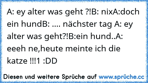 A: ey alter was geht ?!
B: nix
A:doch ein hund
B: .... 
nächster tag 
A: ey alter was geht?!
B:ein hund..
A: eeeh ne,heute meinte ich die katze !!!1 
:DD