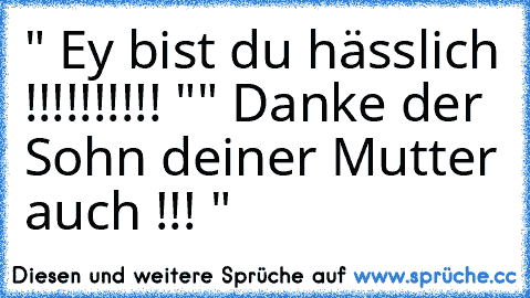 " Ey bist du hässlich !!!!!!!!!! "
" Danke der Sohn deiner Mutter auch !!! "