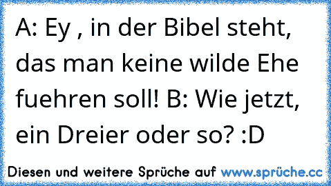 A: Ey , in der Bibel steht, das man keine wilde Ehe  fuehren soll! 
B: Wie jetzt, ein Dreier oder so? :D