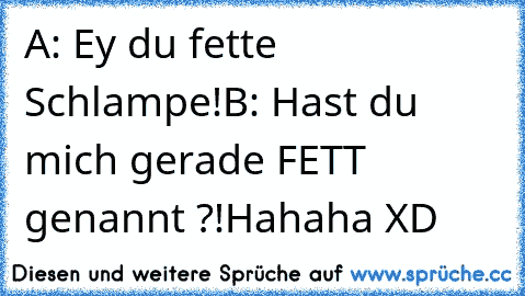 A: Ey du fette Schlampe!
B: Hast du mich gerade FETT genannt ?!
Hahaha XD