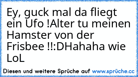 Ey, guck mal da fliegt ein Ufo !°
Alter tu meinen Hamster von der Frisbee !!:D
Hahaha wie LoL