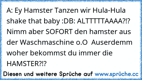 A: Ey Hamster Tanzen wir Hula-Hula shake that baby :D
B: ALTTTTTAAAA?!? Nimm aber SOFORT den hamster aus der Waschmaschine o.O  Auserdemm woher bekommst du immer die HAMSTER?!?