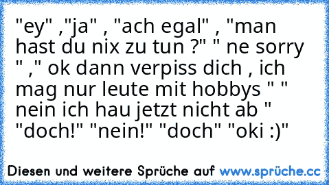 "ey" ,"ja" , "ach egal" , "man hast du nix zu tun ?" " ne sorry " ," ok dann verpiss dich , ich  mag nur leute mit hobbys " " nein ich hau jetzt nicht ab " "doch!" "nein!" "doch" "oki :)"