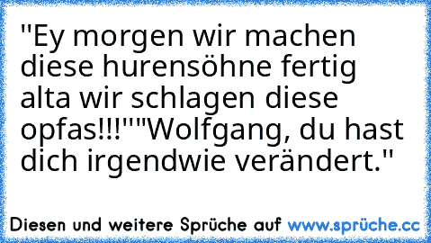 ''Ey morgen wir machen diese hurensöhne fertig alta wir schlagen diese opfas!!!''
"Wolfgang, du hast dich irgendwie verändert.''