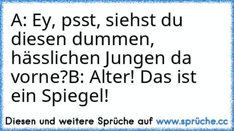 A: Ey, psst, siehst du diesen dummen, hässlichen Jungen da vorne?
B: Alter! Das ist ein Spiegel!