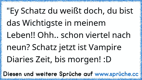 "Ey Schatz du weißt doch, du bist das Wichtigste in meinem Leben!! Ohh.. schon viertel nach neun? Schatz jetzt ist Vampire Diaries Zeit, bis morgen! :D